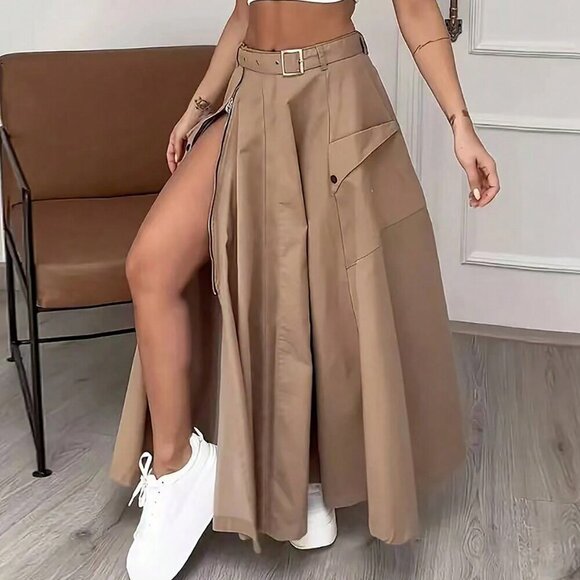 Khaki Casual Women's Side Zipper Pocket Button Minimalist A-Line Skirt - Picture 3 of 3